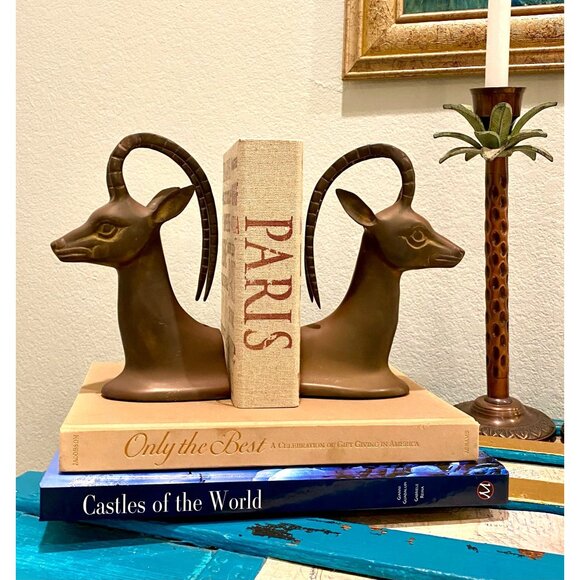 Vintage Mid Century Brass Gazelle/Ibex Bookends Pair MCM Home Decor Hollywood Re - Picture 5 of 7